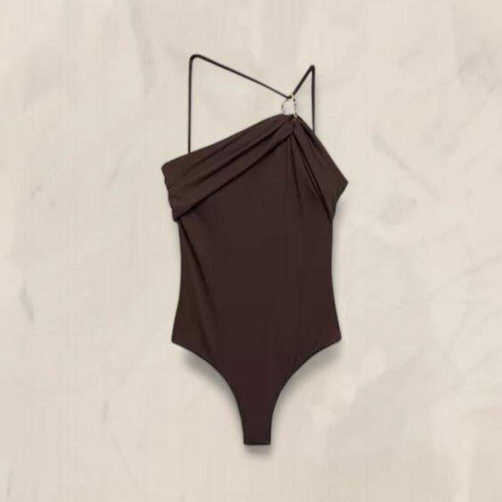 Mango brown asymmetrical one piece swimsuit gold buckle gathered size medium